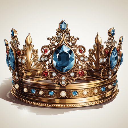 A detailed illustration of a golden royal crown adorned with large blue gemstones, small red stones, and pearls, set against a neutral background.の素材