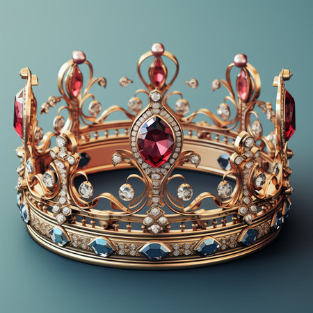 A detailed golden crown adorned with large red rubies and smaller blue gemstones, set against a subtle blue background.の素材