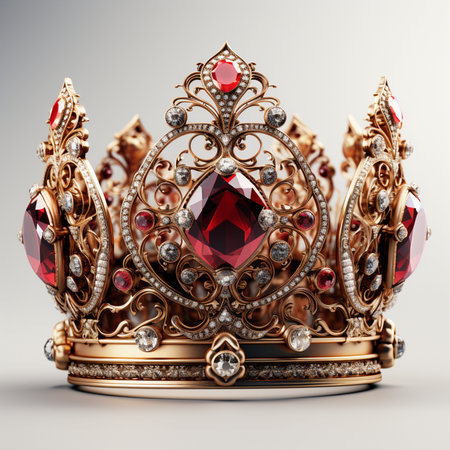 An elaborate royal crown crafted from gold, adorned with sparkling diamonds and prominent, deep red gemstones. Detailed and luxurious.の素材