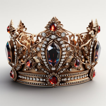 An ornate golden crown adorned with numerous diamonds and deep red rubies, showcasing intricate craftsmanship and regal splendor.の素材