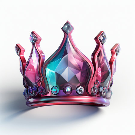 A luxurious crown adorned with colorful gemstones, showcasing a blend of pink and teal tones, against a clean white background.の素材