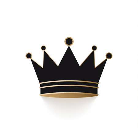 A stylized black crown with gold trim and golden spheres on top, isolated against a clean white background. Simple elegant regal symbol.の素材