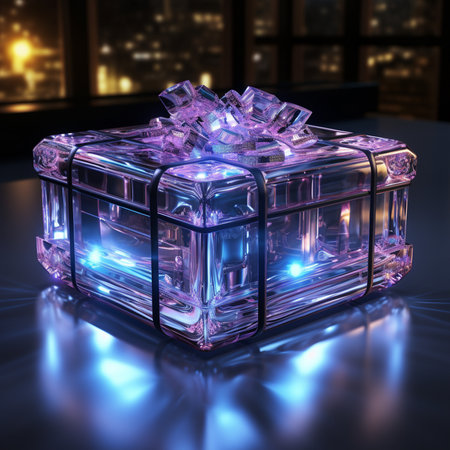 A translucent crystal gift box with a bow, illuminated by vibrant purple and blue lights, reflecting on a dark surface.の素材