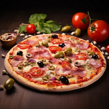 A close-up, appetizing shot of a freshly baked Italian pizza, featuring generous toppings of ham, olives, tomatoes, and onions on a wooden table.の素材