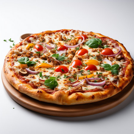 A close-up of a freshly baked pizza featuring a variety of toppings, including tomatoes, onions, peppers, basil, and melted cheese, served on a wooden board.の素材