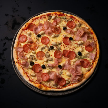 A freshly baked pizza generously topped with savory pepperoni, ham, mushrooms, and black olives, presented on a dark background.の素材