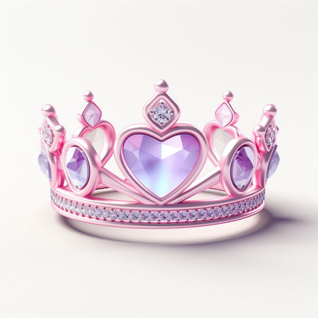 A beautifully crafted pink tiara adorned with sparkling diamonds and striking purple heart-shaped gemstones, presented on a clean white background.の素材