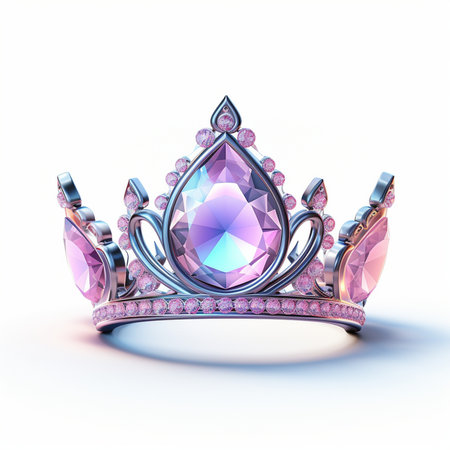 A detailed and elegant tiara crown adorned with pink gemstones and sparkling diamonds, set against a clean white background.の素材
