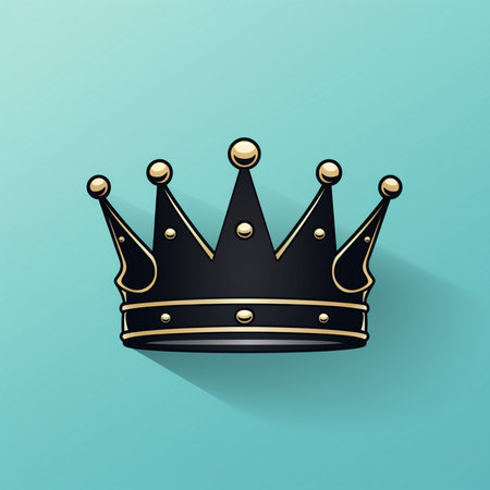 A regal black crown adorned with gold accents and pearl-like orbs, casting a subtle shadow against a teal background.の素材