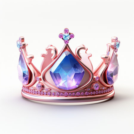 A detailed rose gold crown sparkling with large blue and purple faceted gems and smaller pink and blue accent stones on a clean white background.の素材