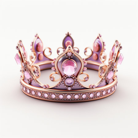 A luxurious rose gold tiara adorned with sparkling pink gemstones and intricate detailing, presented on a clean white background.の素材