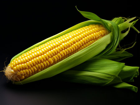A close-up studio shot of a ripe ear of corn, fully husked and showcasing its golden kernels, set against a stark black background.の素材
