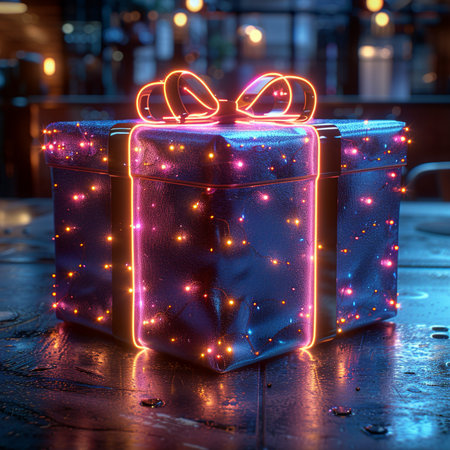 A beautifully wrapped gift box illuminated by vibrant neon lights and surrounded by soft bokeh lights, perfect for holiday or celebration themes.の素材