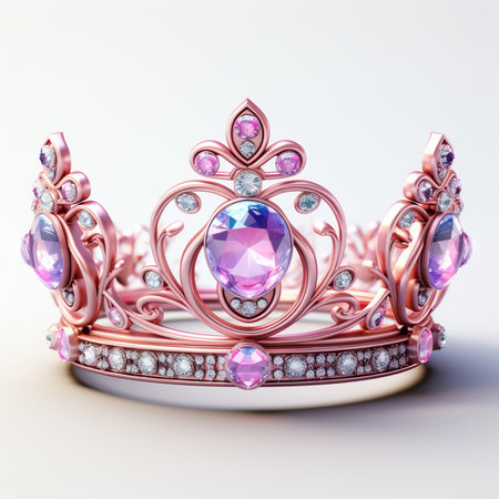 A detailed rose gold tiara adorned with sparkling pink and purple gemstones, perfect for any royal or festive occasion.の素材