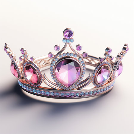 A detailed image of an ornate rose gold tiara adorned with sparkling pink and clear diamond gemstones, resting on a neutral background.の素材