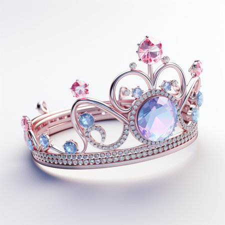 A detailed close-up of a luxurious rose gold tiara adorned with sparkling pink and blue gemstones and intricate diamond embellishments.の素材