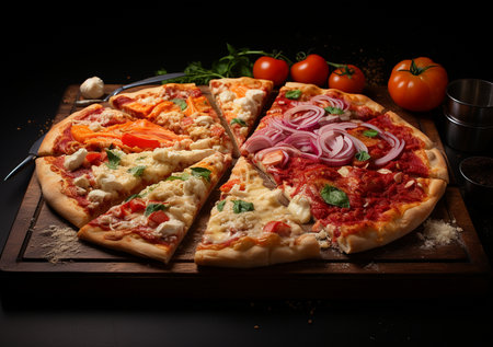 A close-up shot of a delicious sliced pizza with fresh ingredients like tomatoes and onions on a wooden board, perfect for food photography.の素材