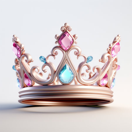 A beautiful, ornate crown adorned with sparkling pink and blue gemstones, perfect for royalty or fantasy themes.の素材