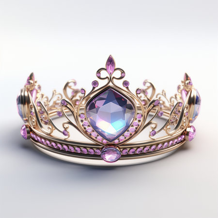 A beautifully crafted golden crown adorned with sparkling pink gemstones and a prominent central crystal, perfect for conveying luxury and elegance.の素材