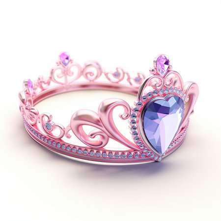 A detailed rose gold tiara adorned with sparkling diamonds and a central purple heart-shaped gemstone, perfect for festive occasions.の素材