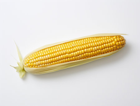 A single ear of fresh, ripe corn on the cob, partially covered by its green husk, rests on a clean white background.の素材