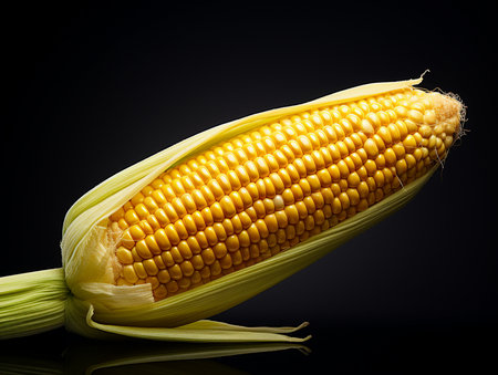 A close-up studio shot of a fresh, ripe ear of golden corn, partially covered by vibrant green husks, against a dark background.の素材