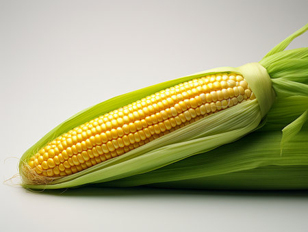 A close-up shot of a ripe yellow corn cob, still in its fresh green husks, showcasing its kernels on a plain background.の素材