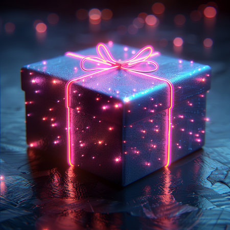 A vibrant gift box with a neon pink ribbon and glowing sparkles, set against a dark, bokeh-lit background. Festive celebration and surprise concept.の素材
