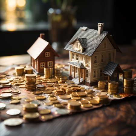 Miniature houses and stacks of coins represent real estate investment, savings, and financial growth, set against a warm, blurred background.の素材