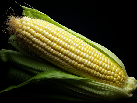 A close-up view of a ripe, yellow corn cob, partially covered by its natural green husks, set against a dark, isolated background.の素材