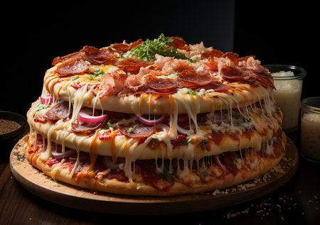 A massive three-tiered pizza piled high with pepperoni, red onions, and dripping with melted cheese. A decadent food creation.の素材