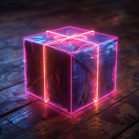 A cube-shaped gift box with neon pink and orange light outlines rests on a wet wooden surface, creating a vibrant, futuristic aesthetic.の素材