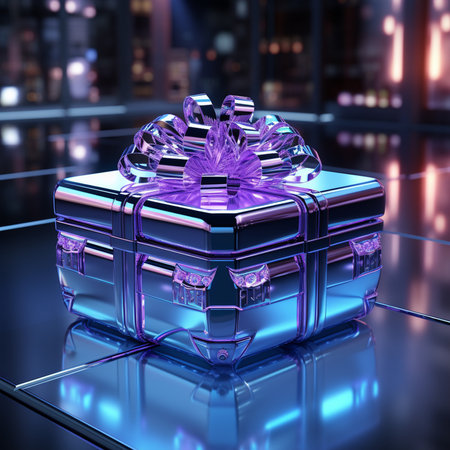 A futuristic, metallic gift box with a shimmering purple bow, reflecting a city skyline at night. The box has intricate, illuminated details.の素材