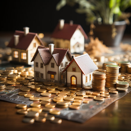 Miniature houses are surrounded by stacks of gold coins symbolizing real estate investment, wealth, and financial growth.の素材