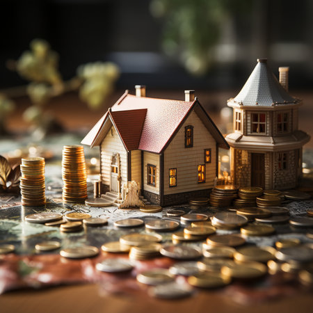 Close-up of miniature houses and stacks of gold coins placed on a vintage map, symbolizing real estate investment.の素材