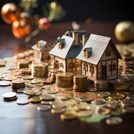 A still life arrangement of miniature houses nestled amongst stacks of gold coins on a wooden surface, with blurred festive decorations in the background.の素材