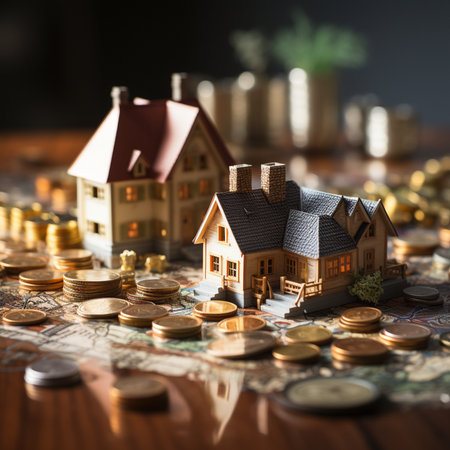 Detailed miniature houses placed on a map surrounded by piles of gold coins, symbolizing real estate investment and wealth.の素材