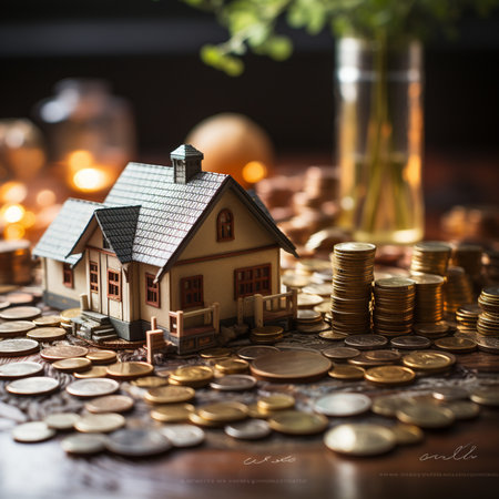 A miniature house sits atop stacks of coins, illustrating the concept of real estate investment and financial growth.の素材