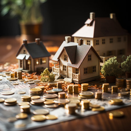 Miniature houses and stacks of coins on a map, symbolizing real estate investment and financial growth.の素材
