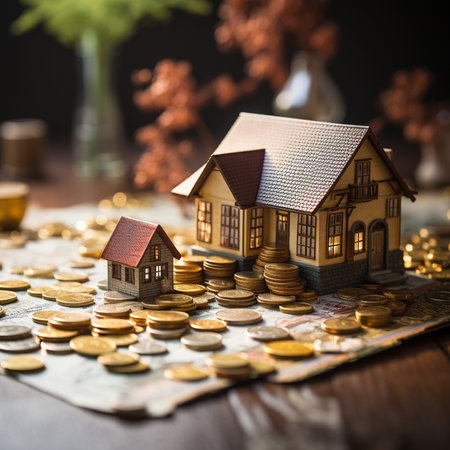 Miniature houses surrounded by stacks of coins and banknotes, symbolizing real estate investment and financial growth.の素材