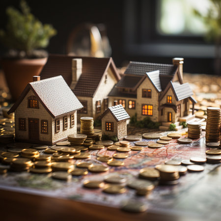 A conceptual image representing real estate investment, featuring miniature houses surrounded by stacks and scattered coins on a map.の素材