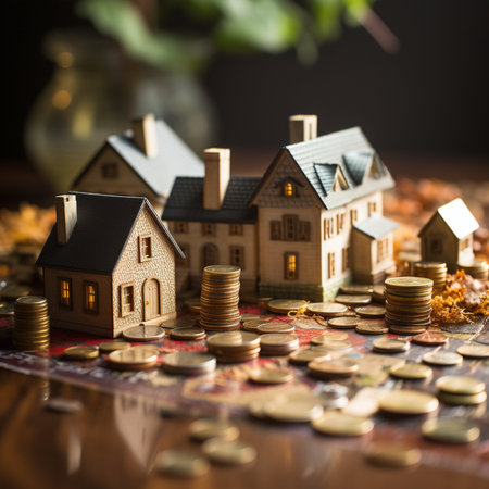 Miniature houses and stacks of coins symbolizing real estate investment and financial growth. Property wealth concept.の素材