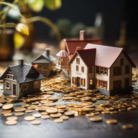 Model houses rest on a vast collection of shiny gold coins, symbolizing wealth and investment in real estate.の素材