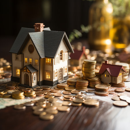 Miniature houses and stacks of coins symbolize financial investments and real estate wealth. Focus on financial growth and stability.の素材