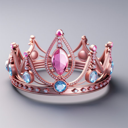 A detailed rose gold crown adorned with a large pink gemstone and smaller blue and diamond accents on a soft grey background.の素材