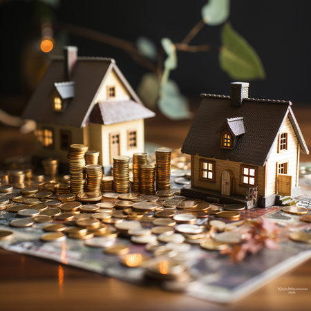 Model houses and stacks of gold coins symbolizing financial growth and investment in real estate. The scene depicts wealth accumulation.の素材