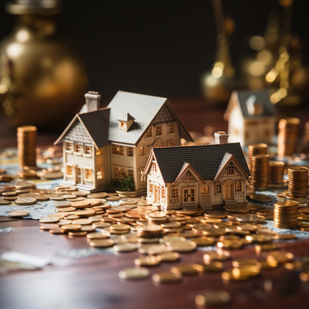 Two detailed miniature houses surrounded by stacks and scattered gold coins, symbolizing wealth and real estate investment.の素材