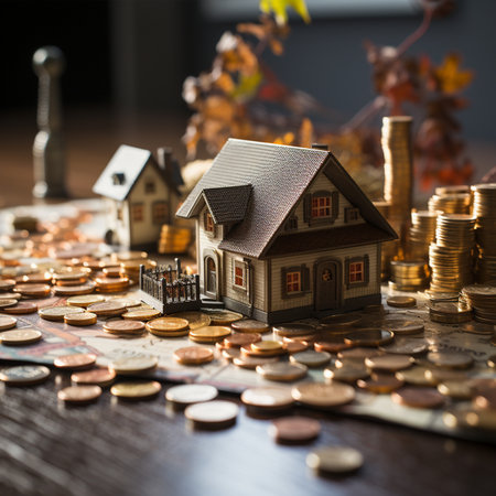A close-up view of miniature houses surrounded by stacks of coins and scattered currency, symbolizing real estate and financial investment.の素材
