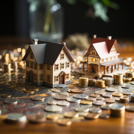 Conceptual image of miniature houses and stacks of coins arranged on a world map, symbolizing real estate investment and global finance.の素材