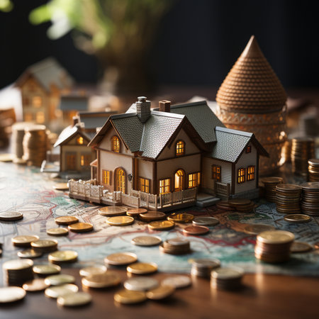 Close-up of miniature houses and stacks of coins, symbolizing real estate investment and financial growth. Macro view.の素材